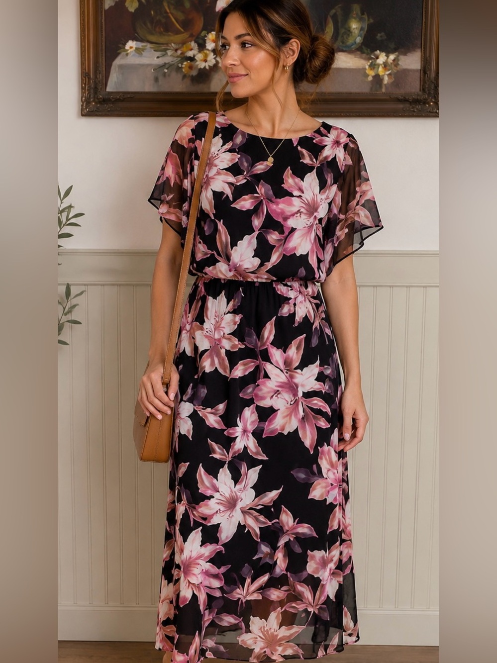 connected apparel Black Maxi Dress with Pink Floral Print